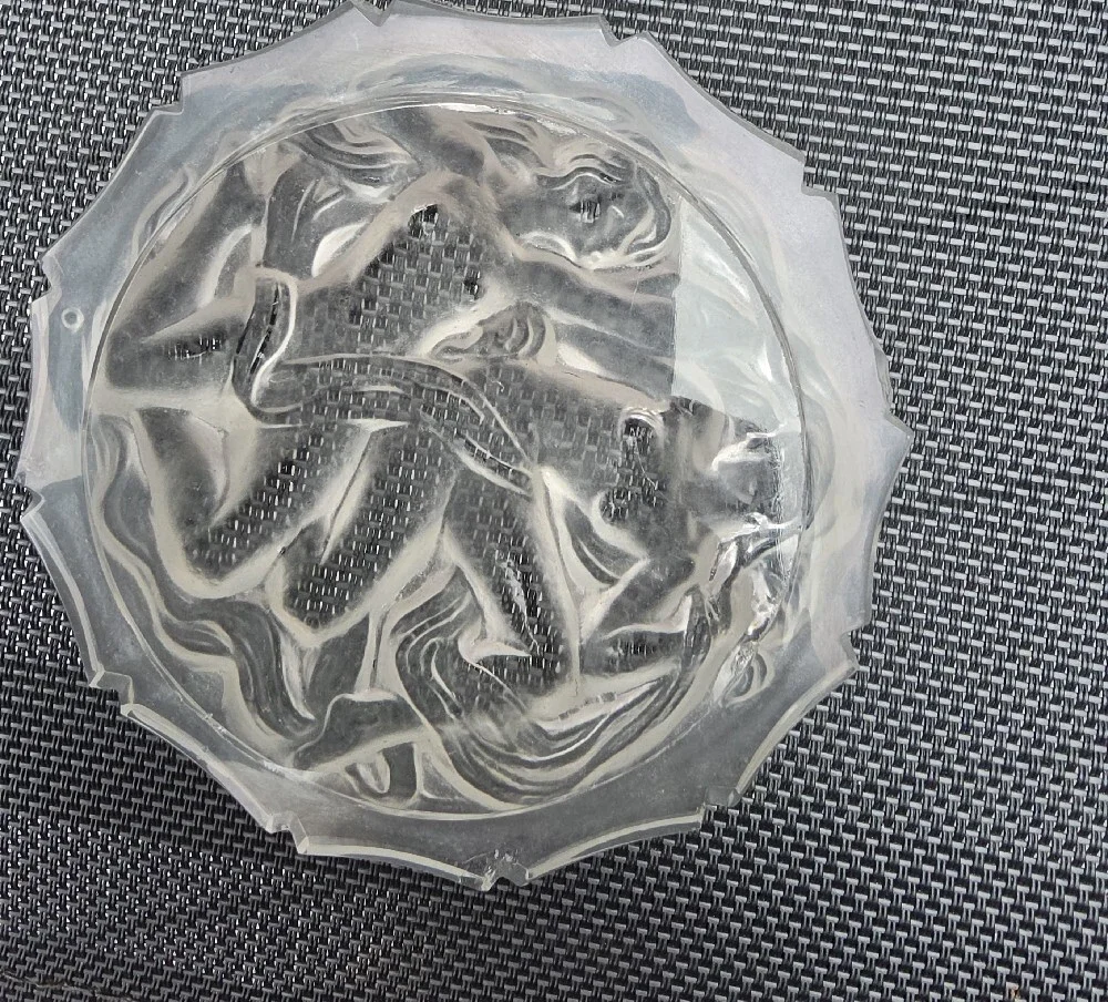 Vintage Czech Frosted Glass Powder Box Lid Art Deco Three Dancing Nymphs Nudes